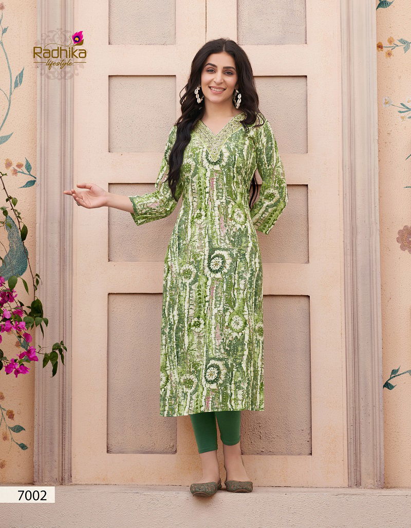 Pahel Vol 7 By Radhika Straight Cut Rayon Printed Kurti Wholesale Market In Surat
